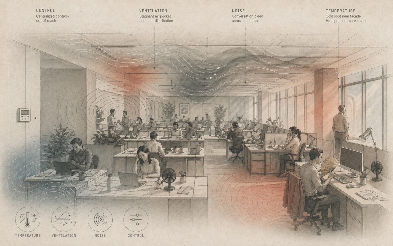 Diagrammatic rendering of an open-plan office annotated with the four factors most responsible for occupant dissatisfaction: centralized controls out of reach; stagnant air pockets and poor ventilation distribution; conversation bleed across open plan (noise); cold spots near the façade and hot spots near the core (temperature).