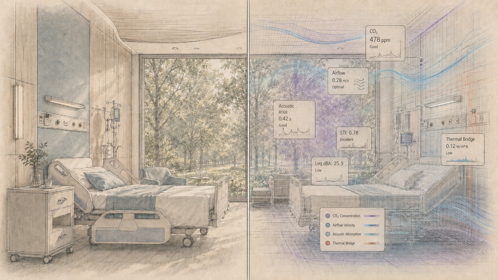 Split-view architectural illustration of a biophilic patient recovery room. The left side shows a calm hospital suite with timber finishes, a bed facing a large window onto trees, and soft natural light. The right side shows the same room as a digital performance model, with translucent airflow, acoustic, CO₂ and thermal overlays, plus metric callouts for STI, Leq dBA, RT60 and thermal bridge performance.