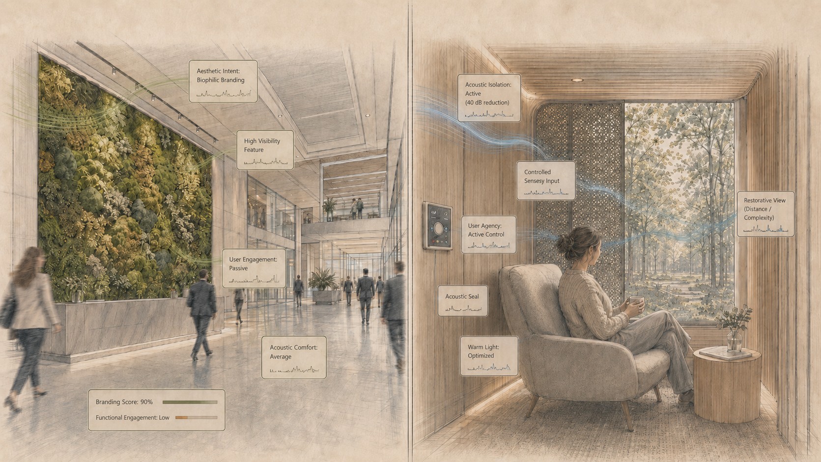 Architectural diptych illustration comparing two biophilic interior strategies: a busy corporate lobby with a large living wall and passive engagement metrics, contrasted with a quiet restorative seating nook overlooking trees, annotated with acoustic, sensory, lighting and user-control performance indicators.